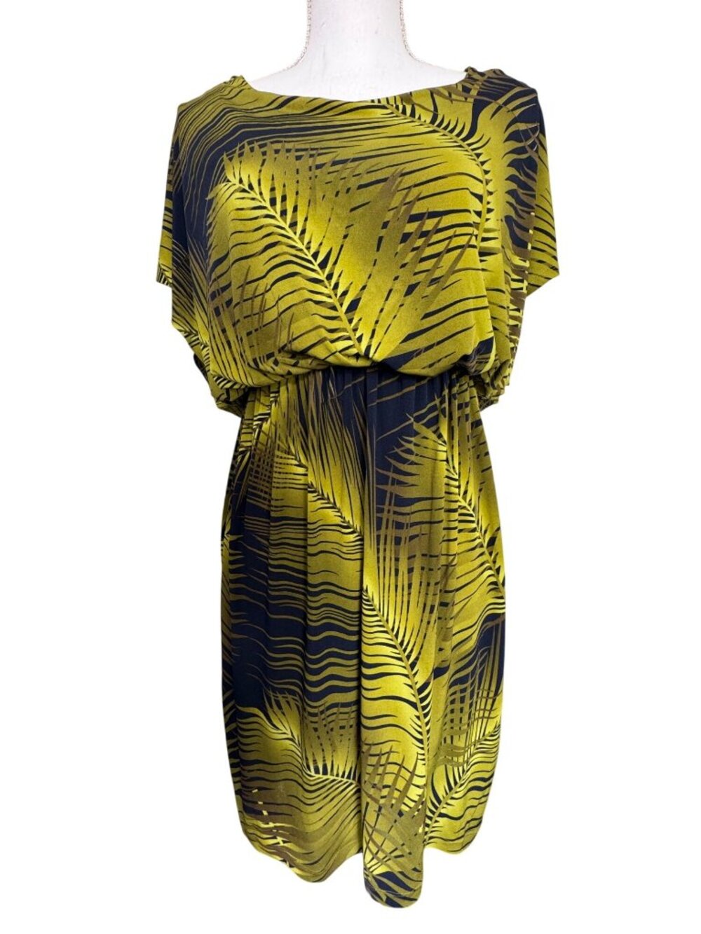 Valerie Bertinelli Tropical Print Elastic Waist Dress 10 Yellow Black Office